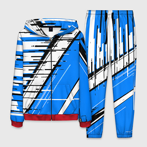 Мужской костюм Чёрно-белые глитч полосы на синем фоне / 3D-Красный – фото 1