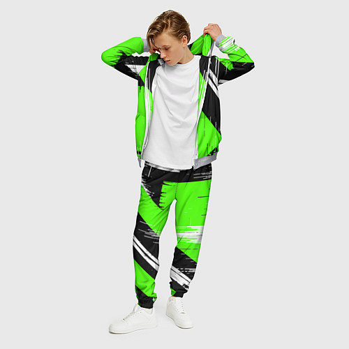 Мужской костюм Вертикальные чёрные линии на зелёно-белом фоне / 3D-Меланж – фото 3