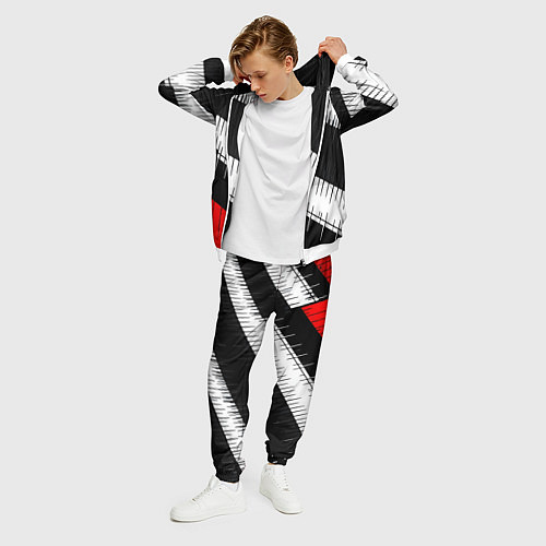 Мужской костюм Диагональные чёрно-белые полосы на красном фоне / 3D-Белый – фото 3