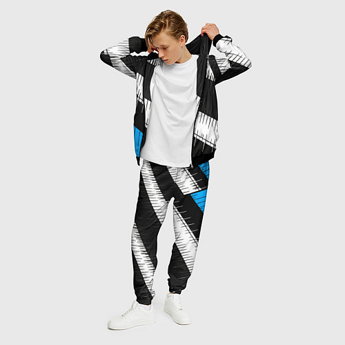 Мужской костюм Диагональные чёрно-белые полосы на синем фоне / 3D-Черный – фото 3