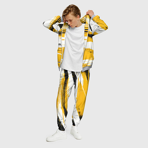 Мужской костюм Горизонтальные чёрно-белые линии на жёлтом фоне / 3D-Меланж – фото 3