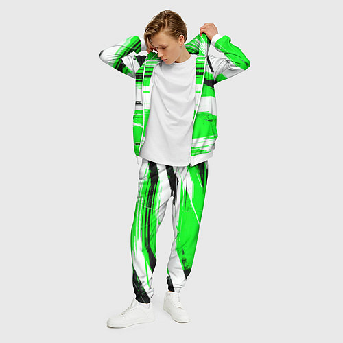 Мужской костюм Горизонтальные чёрно-белые линии на зелёном фоне / 3D-Белый – фото 3