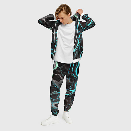 Мужской костюм Голубые флюиды на чёрном фоне / 3D-Белый – фото 3