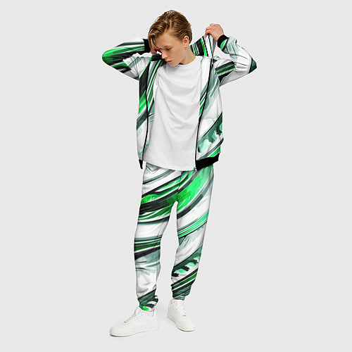 Мужской костюм Волнистая бело-зелёная абстракция / 3D-Черный – фото 3