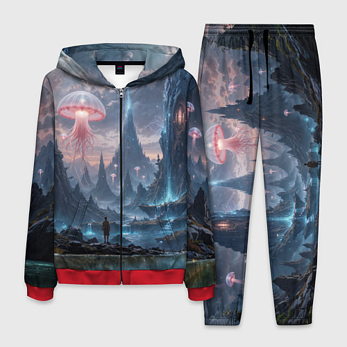 Мужской костюм Фантастический мир с медузами и озеро у гор / 3D-Красный – фото 1