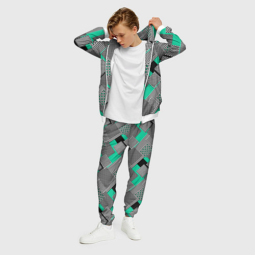 Мужской костюм Черно бирюзовая абстрактная геометрия пэчворк / 3D-Белый – фото 3