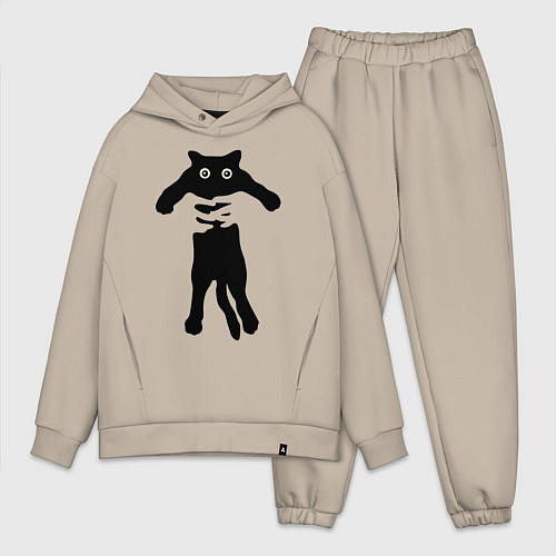 Мужской костюм оверсайз Черный кот в руках / Миндальный – фото 1