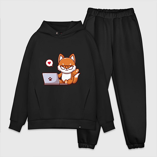 Мужской костюм оверсайз Cute fox and laptop / Черный – фото 1