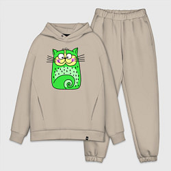 Мужской костюм оверсайз Прикольный зеленый кот, цвет: миндальный