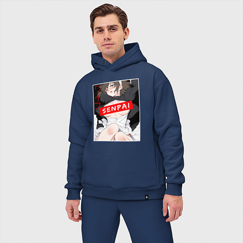 Мужской костюм оверсайз Девушка и надпись Senpai Ahegao / Тёмно-синий – фото 3