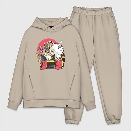 Мужской костюм оверсайз Котик Самурай Samurai Cat Japanese art / Миндальный – фото 1
