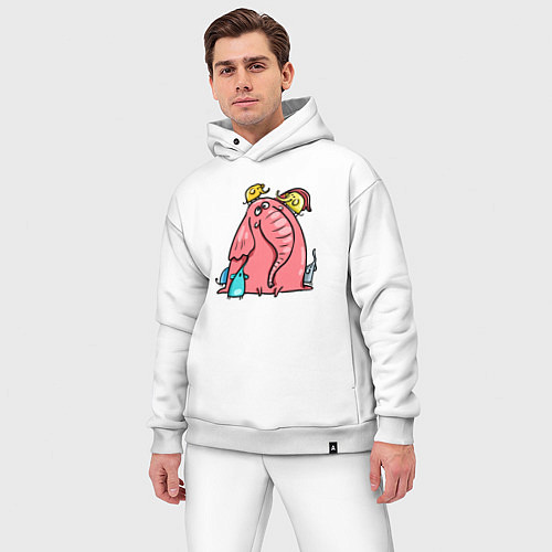 Мужской костюм оверсайз Розовая слоника со слонятами / Белый – фото 3