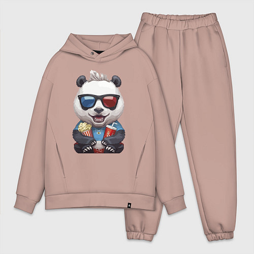 Мужской костюм оверсайз Прикольный панда с попкорном и колой / Пыльно-розовый – фото 1