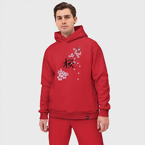 Мужской костюм оверсайз Цветущая вишня и красный круг с японским иероглифо / Красный – фото 3