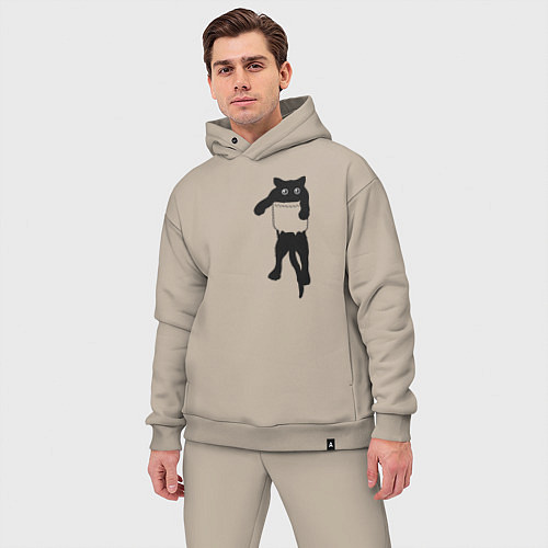 Мужской костюм оверсайз Черный котик в кармане / Миндальный – фото 3