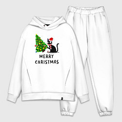 Мужской костюм оверсайз Кот валит новогоднюю ёлку, цвет: белый