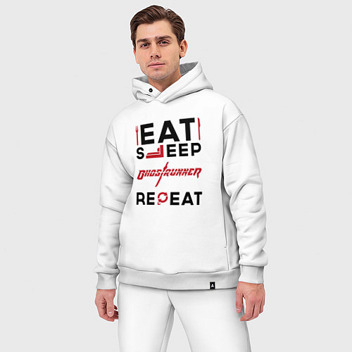 Мужской костюм оверсайз Надпись: eat sleep Ghostrunner repeat / Белый – фото 3