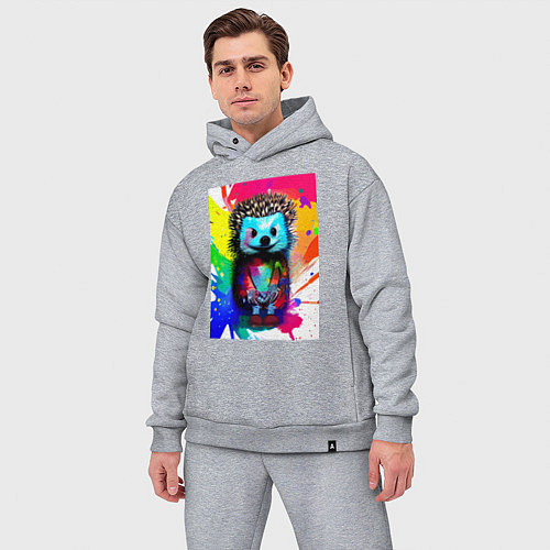 Мужской костюм оверсайз Акварельный эскиз ёжика - живопись / Меланж – фото 3