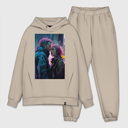 Мужской костюм оверсайз Влюбленные в городе в стиле киберпанк / Миндальный – фото 1