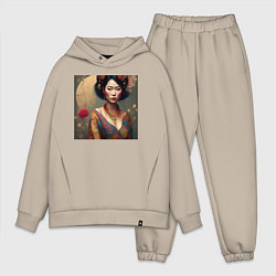 Мужской костюм оверсайз Красивая азиатка - нейросеть, цвет: миндальный