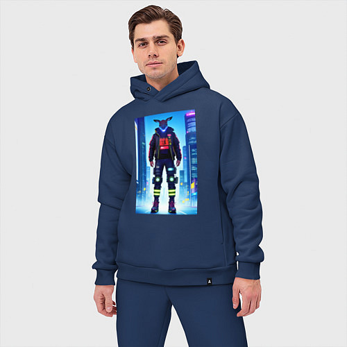 Мужской костюм оверсайз Неоновый чувак-кенгуру - нейросеть / Тёмно-синий – фото 3