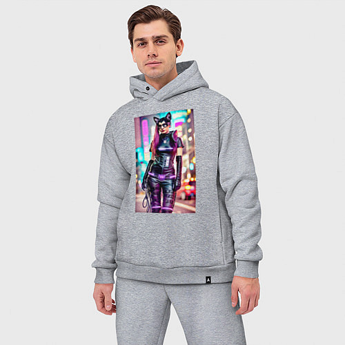 Мужской костюм оверсайз Cyberpunk - cat girl - neural network / Меланж – фото 3