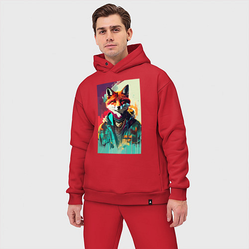 Мужской костюм оверсайз Крутая модная лисичка - нейросеть / Красный – фото 3