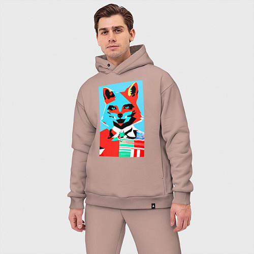 Мужской костюм оверсайз Морда лисы - поп-арт - нейросеть / Пыльно-розовый – фото 3