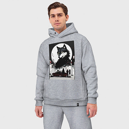 Мужской костюм оверсайз Волк в ночном городе - нейросеть / Меланж – фото 3