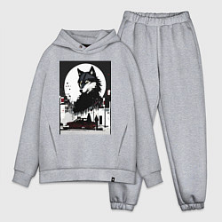 Мужской костюм оверсайз Волк в ночном городе - нейросеть, цвет: меланж