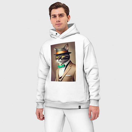 Мужской костюм оверсайз Портрет кота джентльмена в шляпе / Белый – фото 3