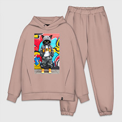 Мужской костюм оверсайз Уличный котёнок хулиган на фоне граффити - нейросе, цвет: пыльно-розовый