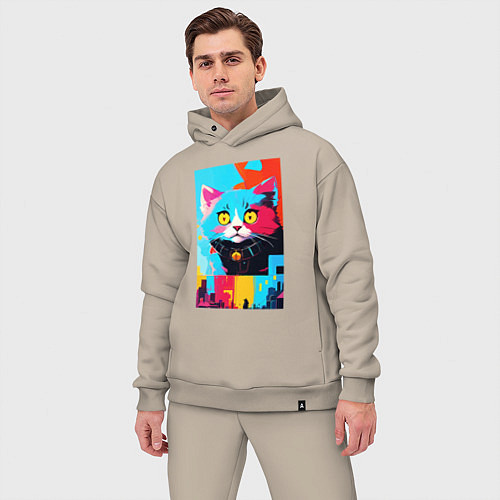 Мужской костюм оверсайз Изумлённый котёнок - поп-арт - нейросеть / Миндальный – фото 3