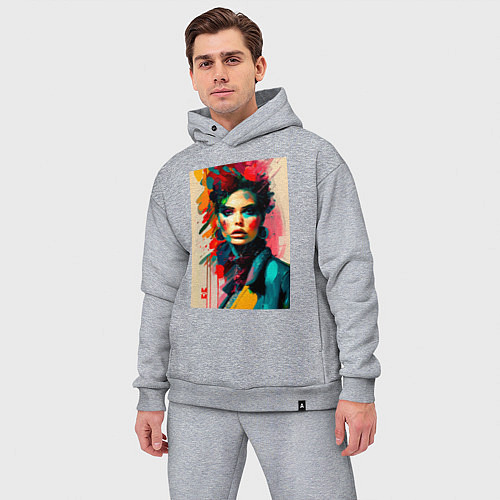 Мужской костюм оверсайз МоМо - женщина в красном шарфе / Меланж – фото 3