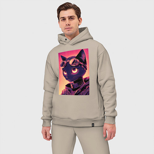 Мужской костюм оверсайз Милая кисуля - киберпанк - нейросеть / Миндальный – фото 3