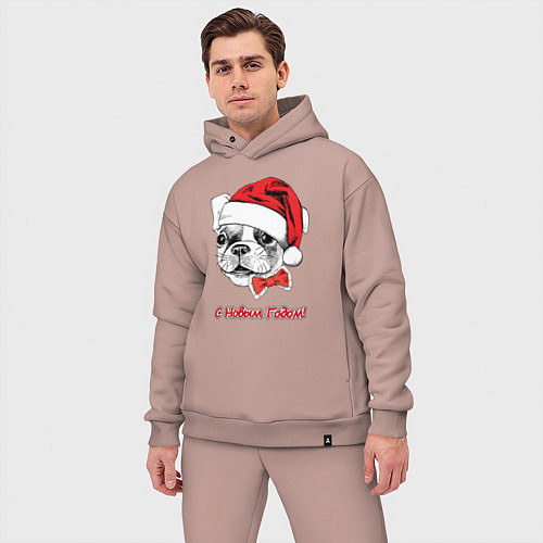 Мужской костюм оверсайз Новогодний французский бульдог с бабочкой в шапке / Пыльно-розовый – фото 3