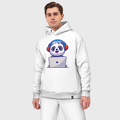 Мужской костюм оверсайз Панда за ноутбуком / Белый – фото 3