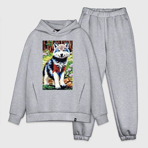 Мужской костюм оверсайз Прикольный милый волчонок / Меланж – фото 1