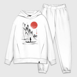 Мужской костюм оверсайз Традиционный японский пейзаж с рыбаком и горами, цвет: белый