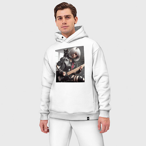 Мужской костюм оверсайз Девчонка рок гитарист с чёрным котом / Белый – фото 3