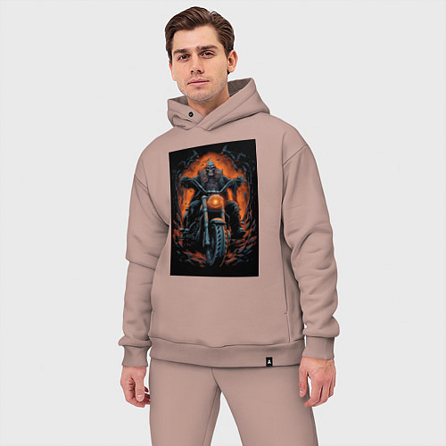 Мужской костюм оверсайз Скелет сатаны едет на старом мотоцикле / Пыльно-розовый – фото 3