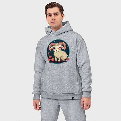 Мужской костюм оверсайз Барашек знак зодиака Овен на фоне цветов / Меланж – фото 3