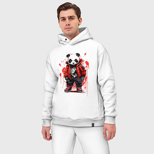 Мужской костюм оверсайз Модная панда в красной куртке / Белый – фото 3