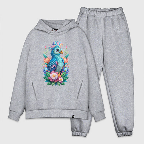 Мужской костюм оверсайз Голубая птица среди цветов / Меланж – фото 1