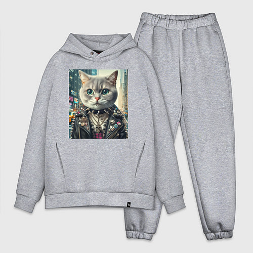 Мужской костюм оверсайз Прикольный котик фанат тяжёлого рока - нейросеть / Меланж – фото 1