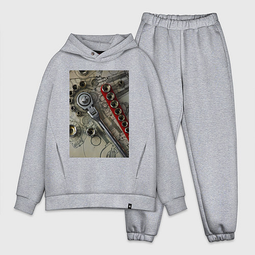 Мужской костюм оверсайз Трещотка ключ и чертеж / Меланж – фото 1