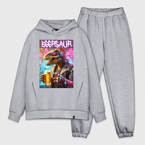 Мужской костюм оверсайз Кибер пивозавр на фоне стены с граффити - нейроарт / Меланж – фото 1