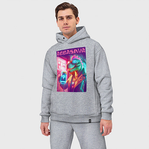 Мужской костюм оверсайз Cool dude Dino with a mug of beer - ai art / Меланж – фото 3