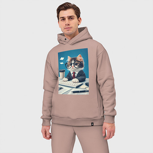 Мужской костюм оверсайз Котёнок офисный планктон - нейроарт / Пыльно-розовый – фото 3