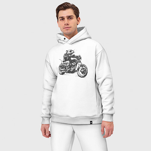 Мужской костюм оверсайз Крыса байкер на мотоцикле чоппере / Белый – фото 3